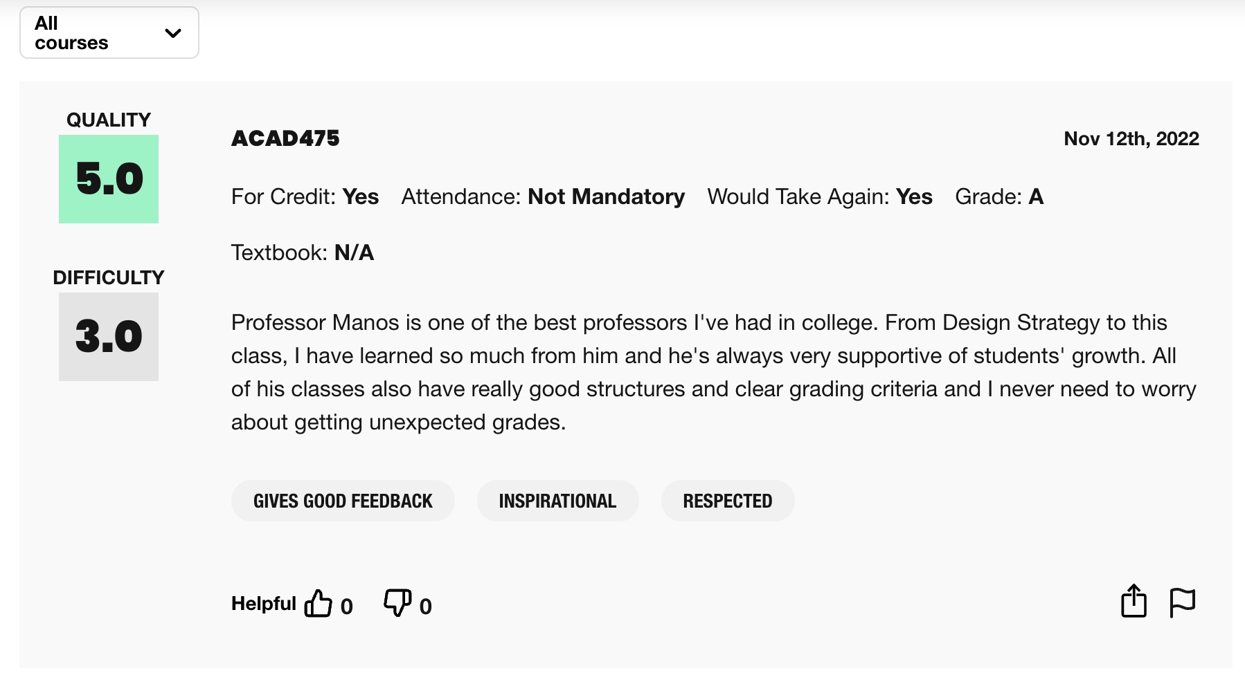 Professor page showing per-class ratings and comments